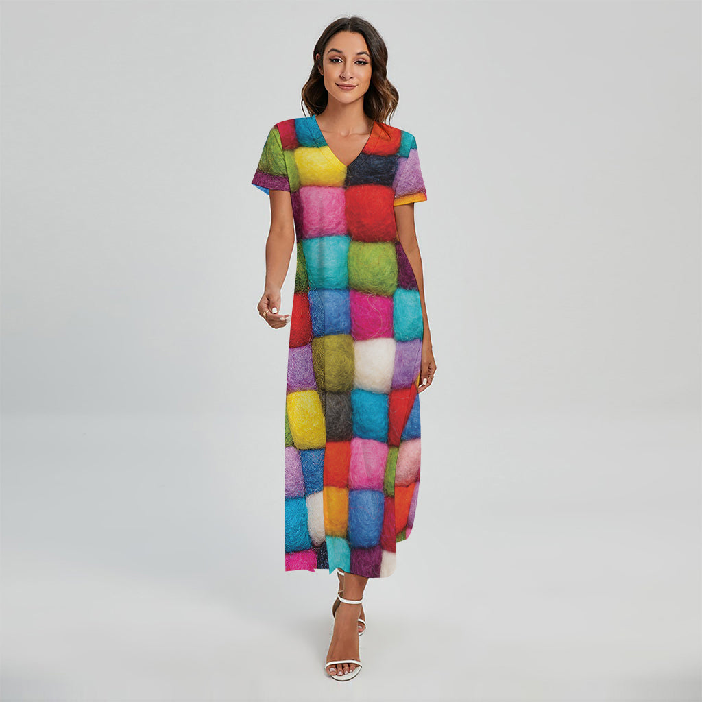 Colorful Yarn Balls Print Short Sleeve Maxi Dress