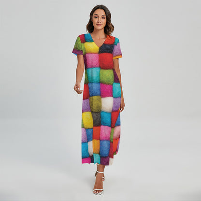 Colorful Yarn Balls Print Short Sleeve Maxi Dress