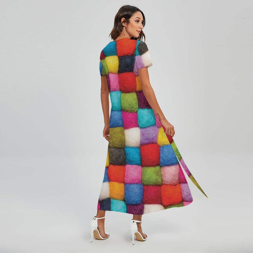 Colorful Yarn Balls Print Short Sleeve Maxi Dress