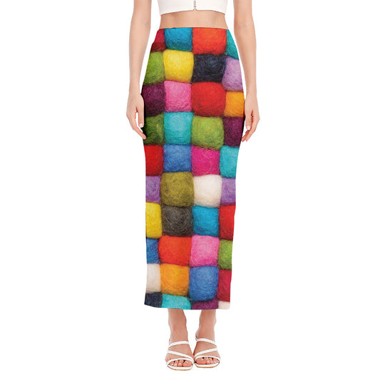 Colorful Yarn Balls Print Side Slit Maxi Skirt