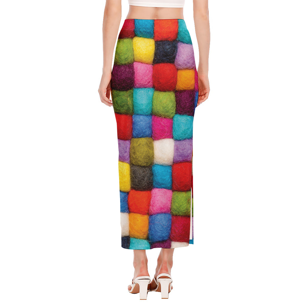 Colorful Yarn Balls Print Side Slit Maxi Skirt