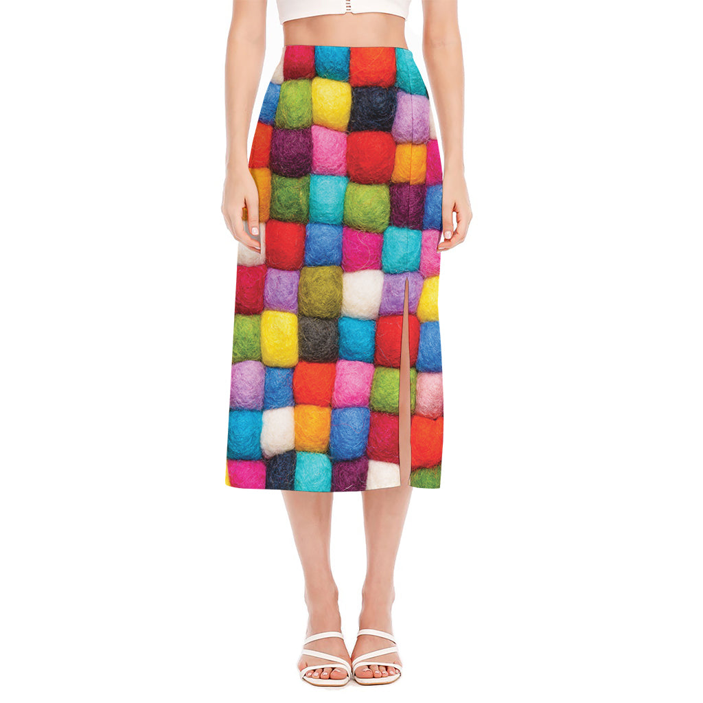 Colorful Yarn Balls Print Side Slit Midi Skirt