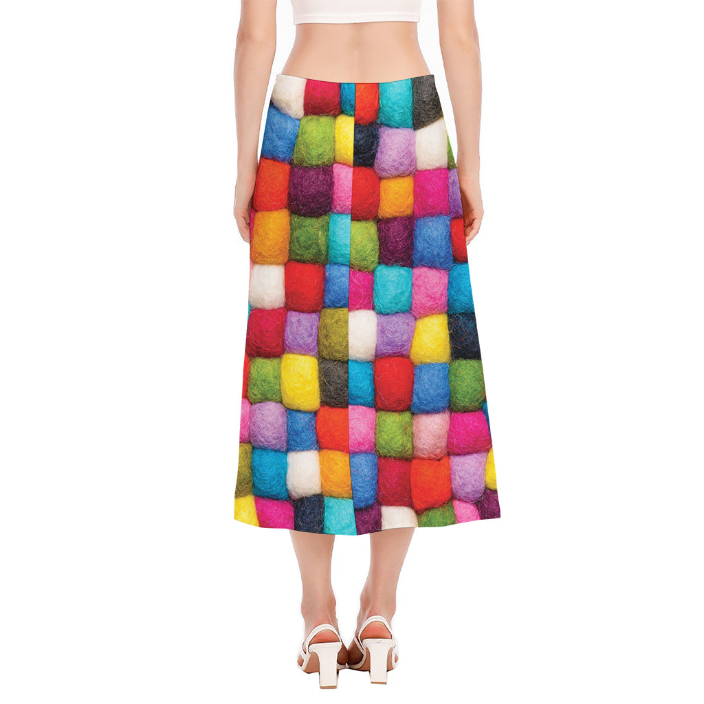 Colorful Yarn Balls Print Side Slit Midi Skirt