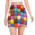 Colorful Yarn Balls Print Side Slit Mini Skirt