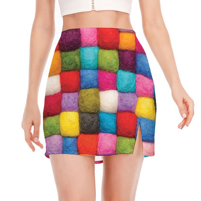 Colorful Yarn Balls Print Side Slit Mini Skirt