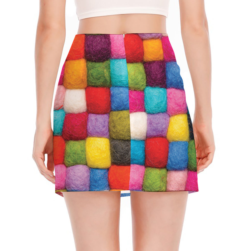 Colorful Yarn Balls Print Side Slit Mini Skirt