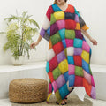 Colorful Yarn Balls Print Silk V-Neck Kaftan Dress