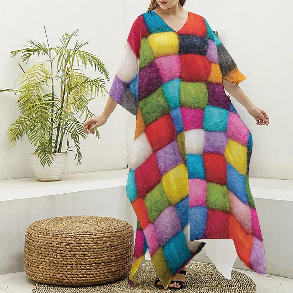 Colorful Yarn Balls Print Silk V-Neck Kaftan Dress