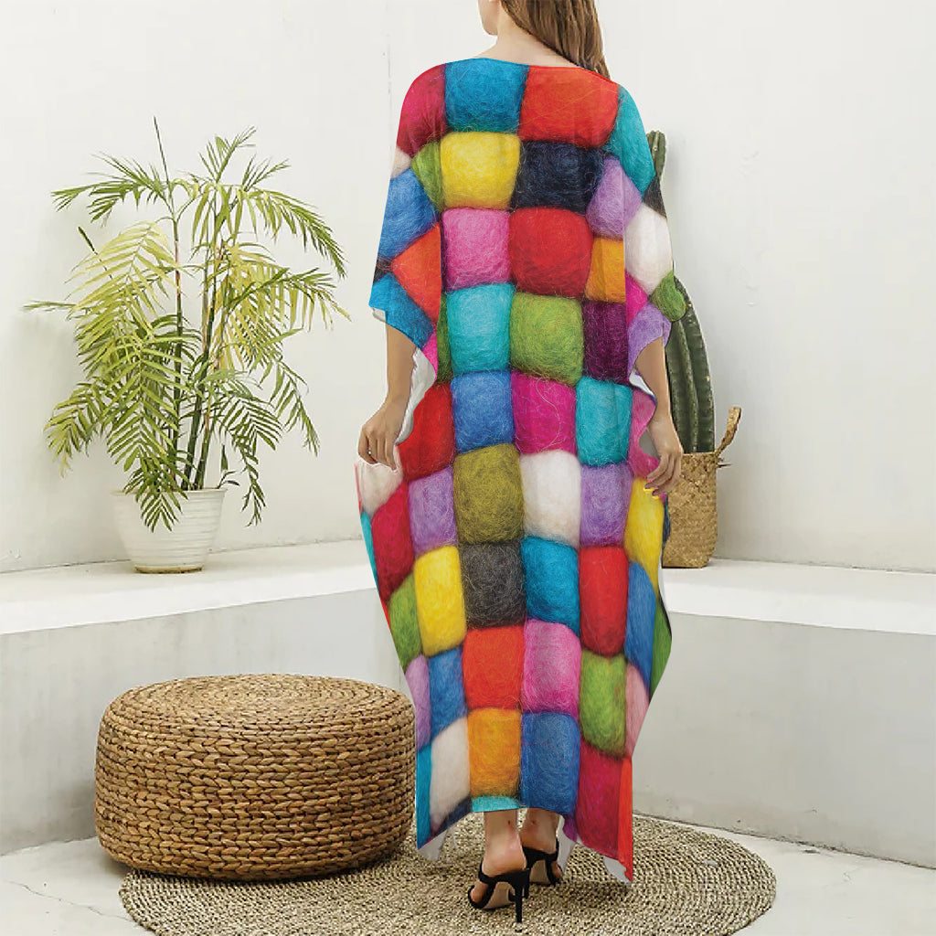 Colorful Yarn Balls Print Silk V-Neck Kaftan Dress