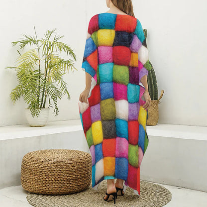 Colorful Yarn Balls Print Silk V-Neck Kaftan Dress