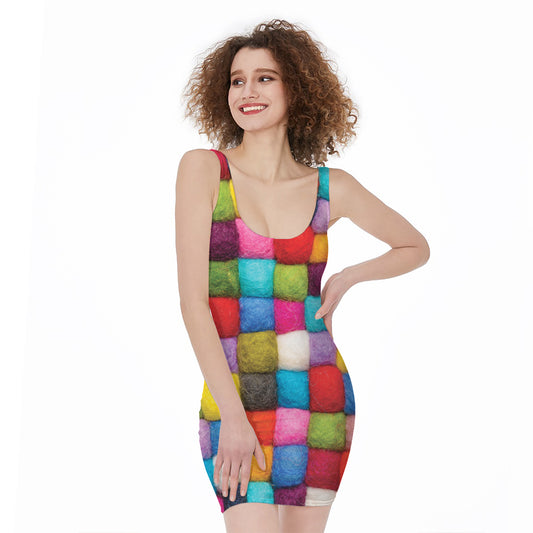 Colorful Yarn Balls Print Sleeveless Bodycon Dress