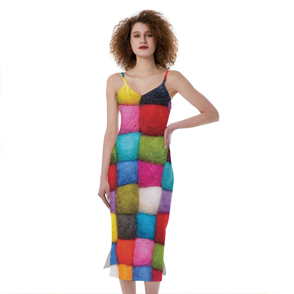 Colorful Yarn Balls Print Slim Fit Midi Cami Dress