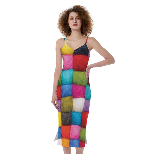 Colorful Yarn Balls Print Slim Fit Midi Cami Dress