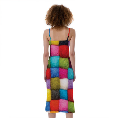 Colorful Yarn Balls Print Slim Fit Midi Cami Dress