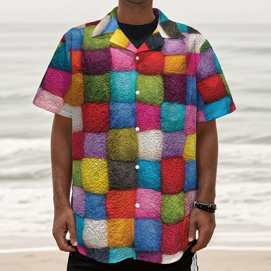 Colorful Yarn Balls Print Textured Short Sleeve Shirt