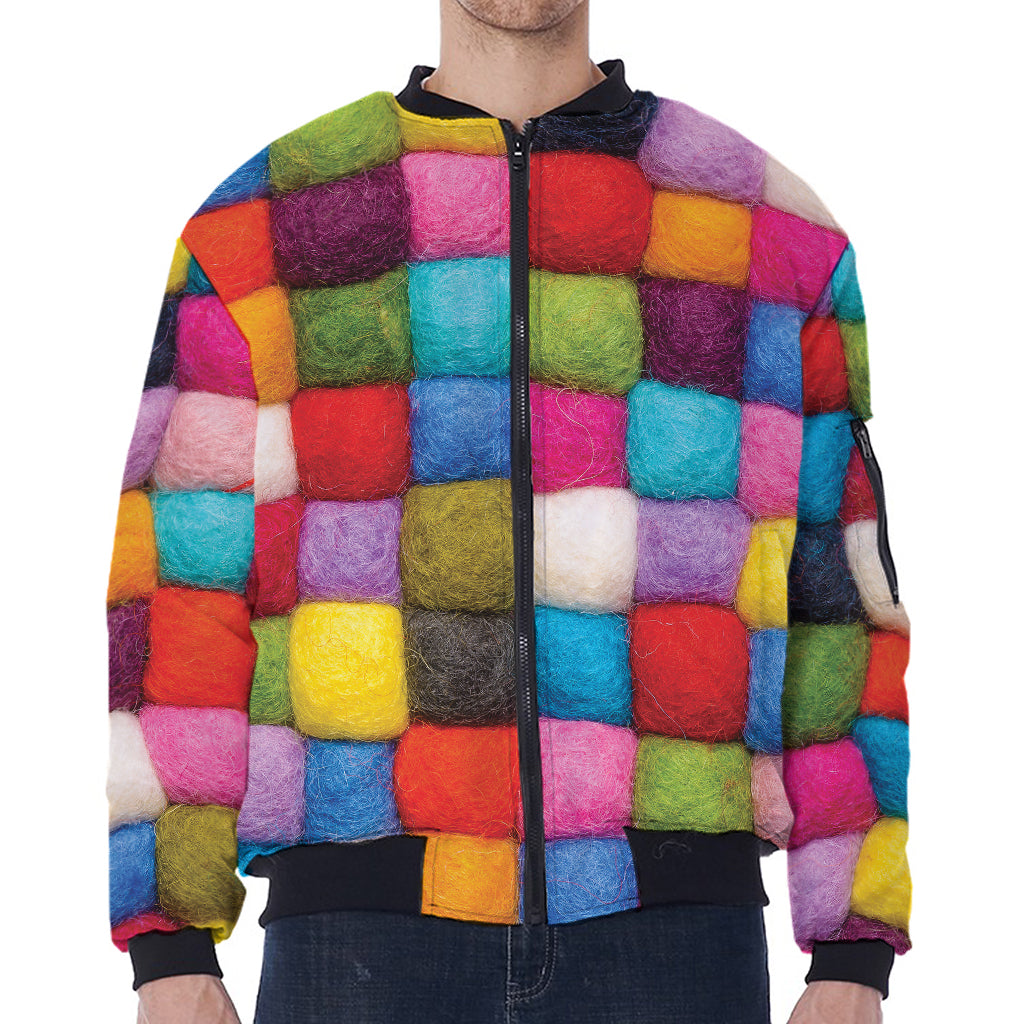 Colorful Yarn Balls Print Zip Sleeve Bomber Jacket