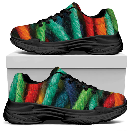 Colorful Yarn Print Black Chunky Shoes