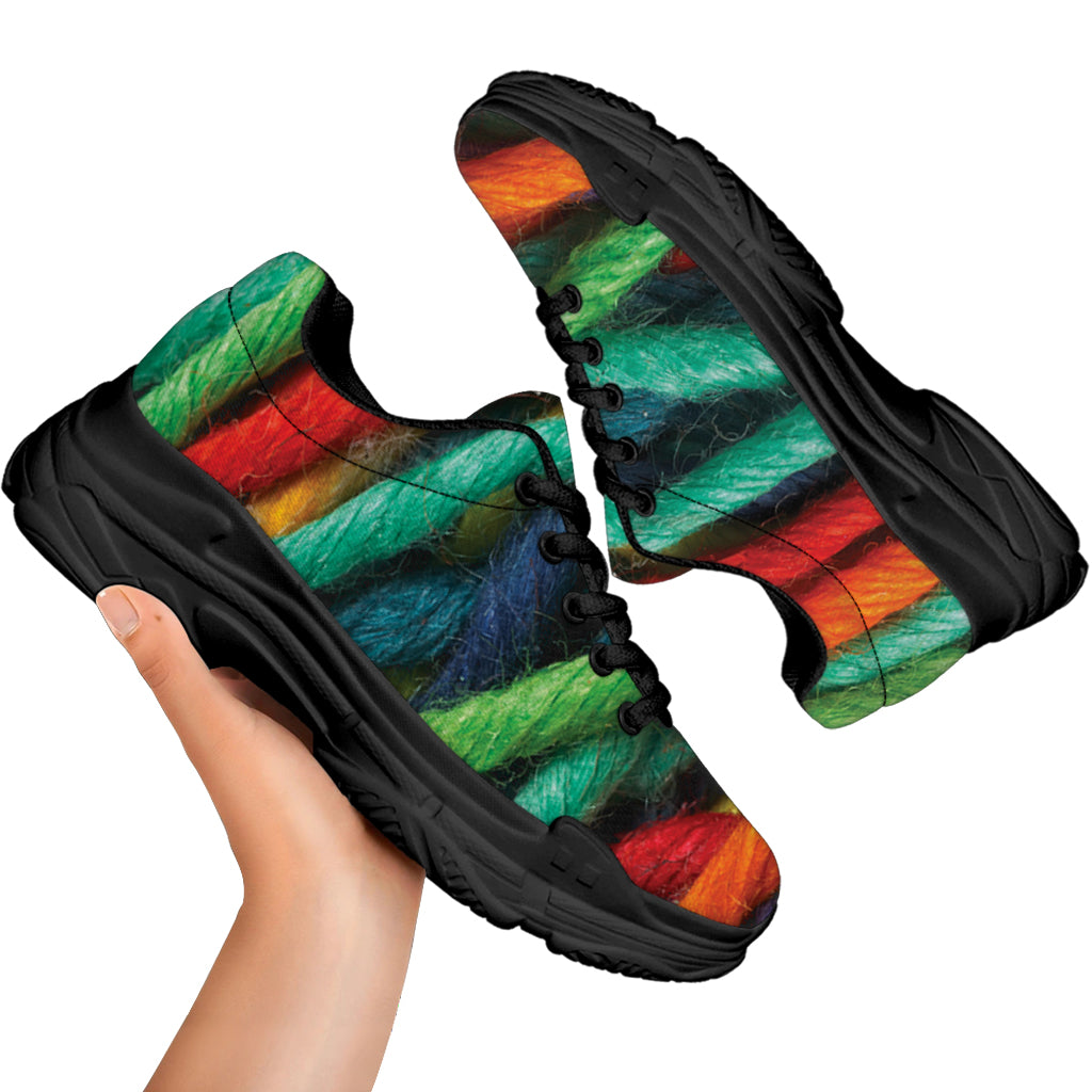 Colorful Yarn Print Black Chunky Shoes