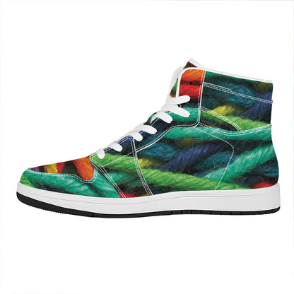 Colorful Yarn Print High Top Leather Sneakers