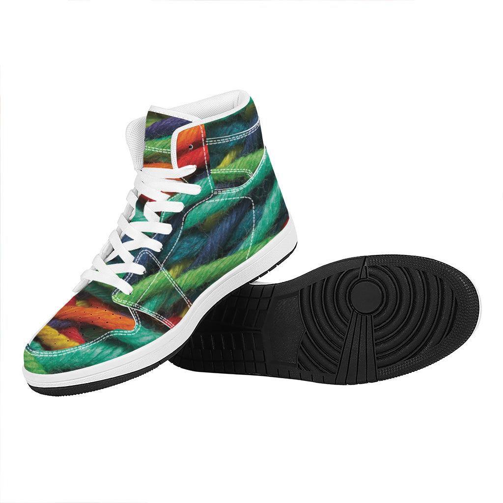 Colorful Yarn Print High Top Leather Sneakers