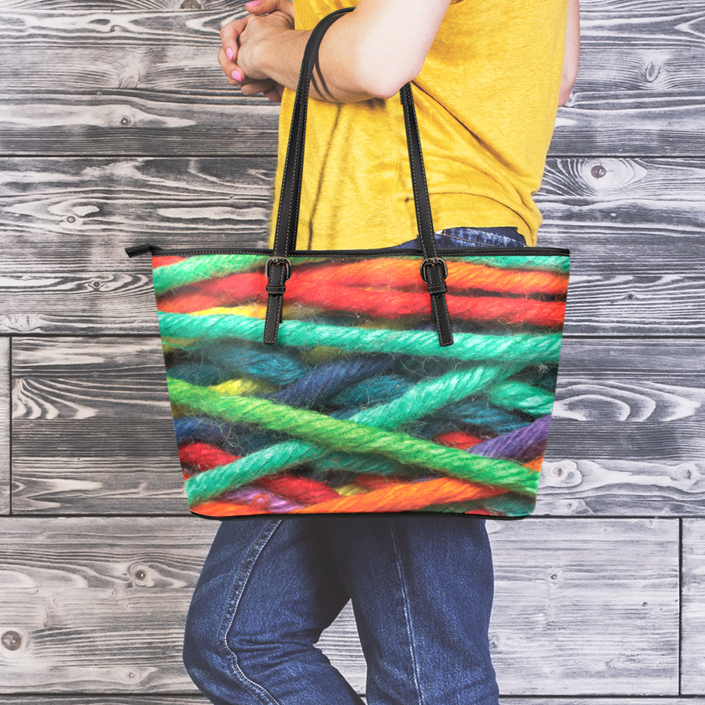 Colorful Yarn Print Leather Tote Bag