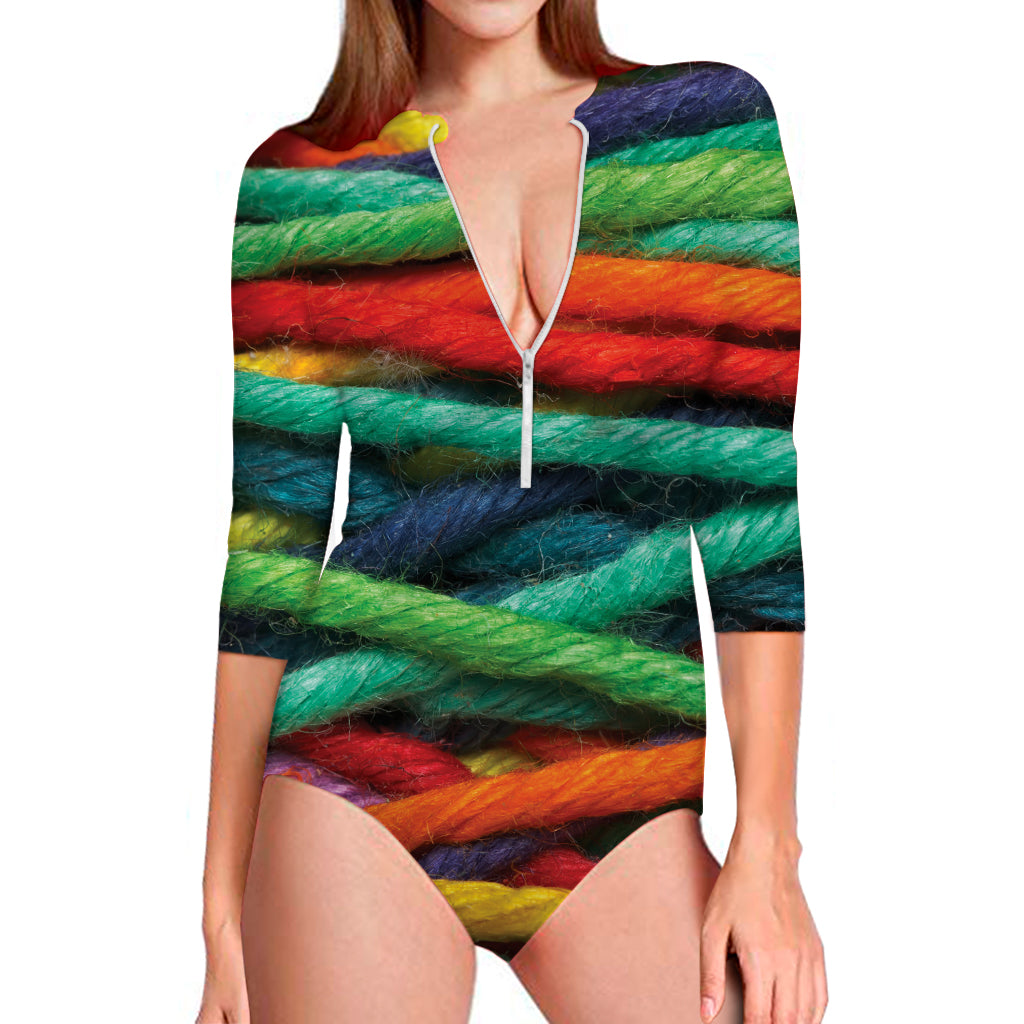 Colorful Yarn Print Long Sleeve Swimsuit