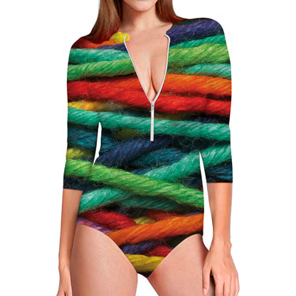 Colorful Yarn Print Long Sleeve Swimsuit