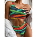 Colorful Yarn Print One Shoulder Bikini Set