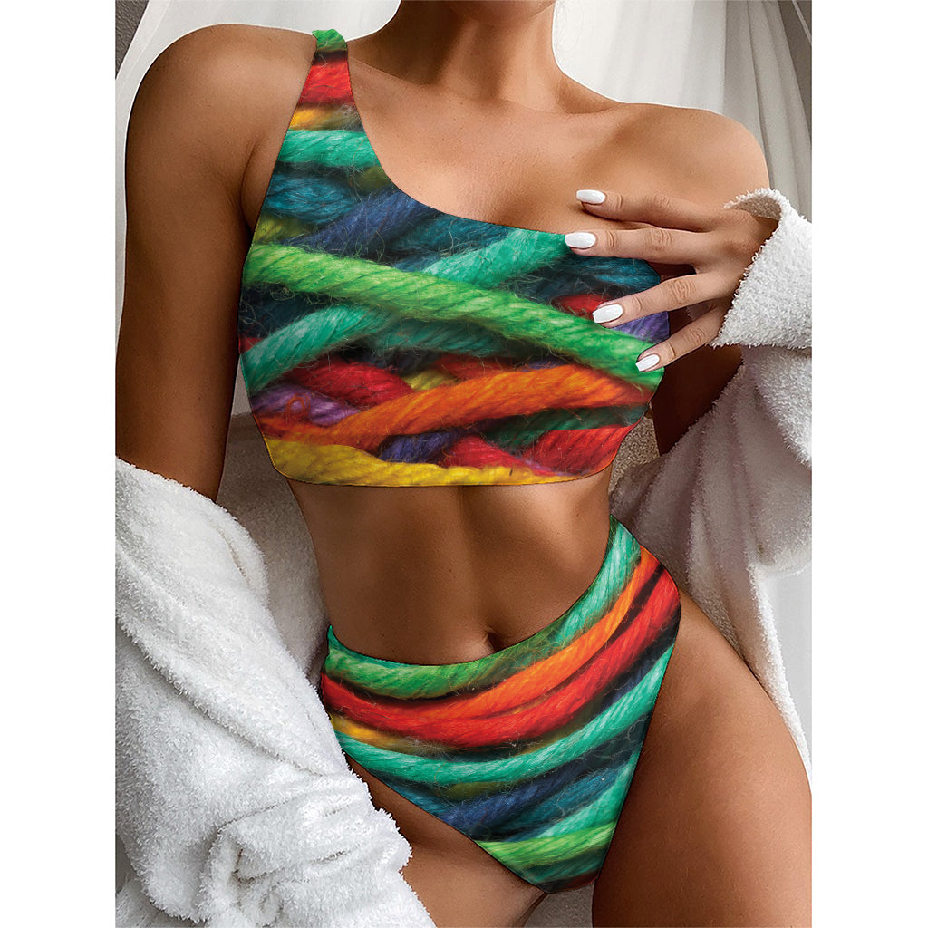 Colorful Yarn Print One Shoulder Bikini Top