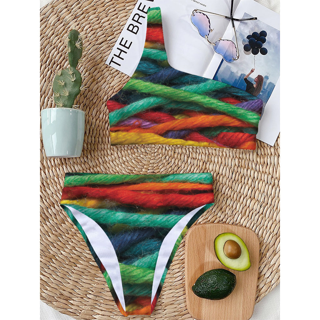 Colorful Yarn Print One Shoulder Bikini Top