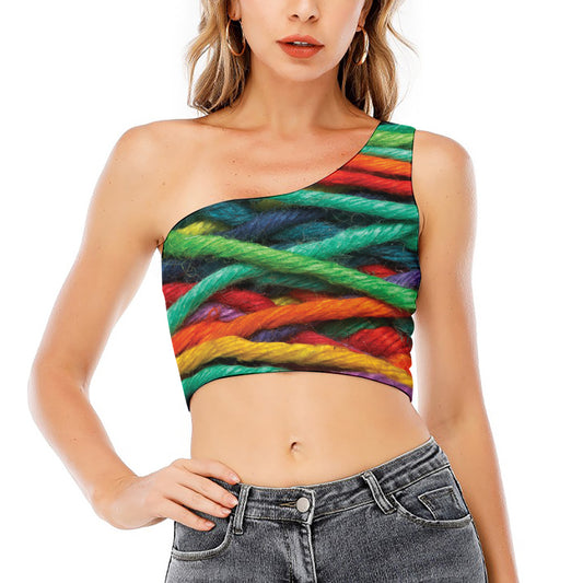 Colorful Yarn Print One Shoulder Crop Top