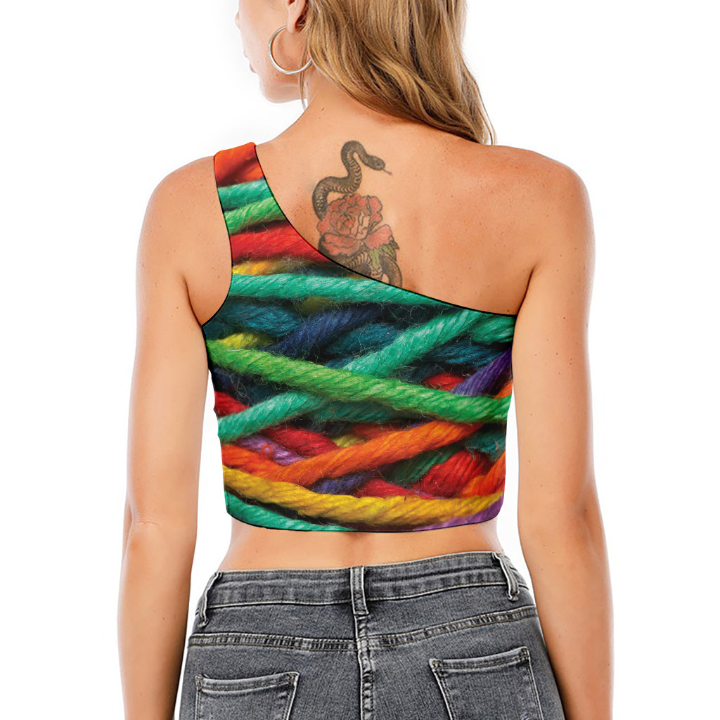 Colorful Yarn Print One Shoulder Crop Top