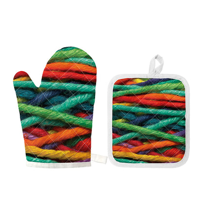 Colorful Yarn Print Oven Mitt And Pot Holder Set
