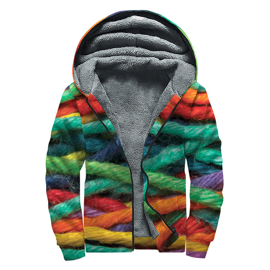 Colorful Yarn Print Sherpa Lined Zip Up Hoodie