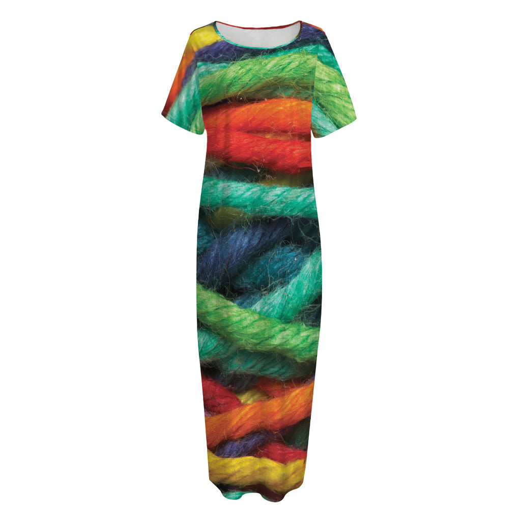 Colorful Yarn Print Short Sleeve Long Nightdress