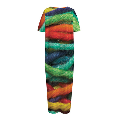 Colorful Yarn Print Short Sleeve Long Nightdress
