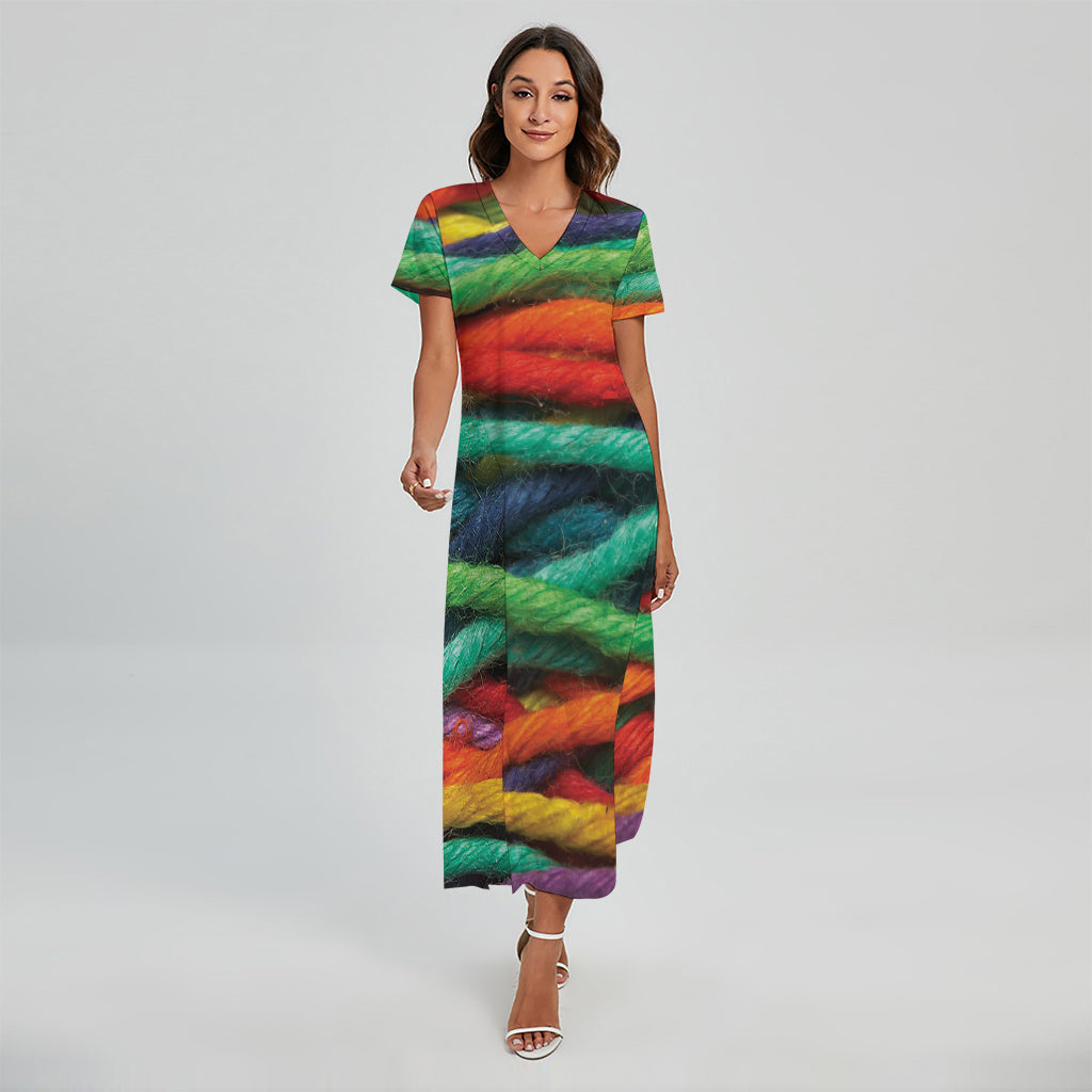 Colorful Yarn Print Short Sleeve Maxi Dress