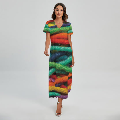 Colorful Yarn Print Short Sleeve Maxi Dress