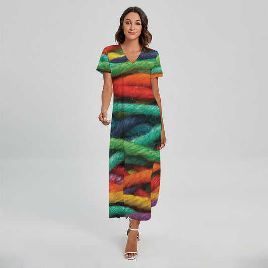 Colorful Yarn Print Short Sleeve Maxi Dress