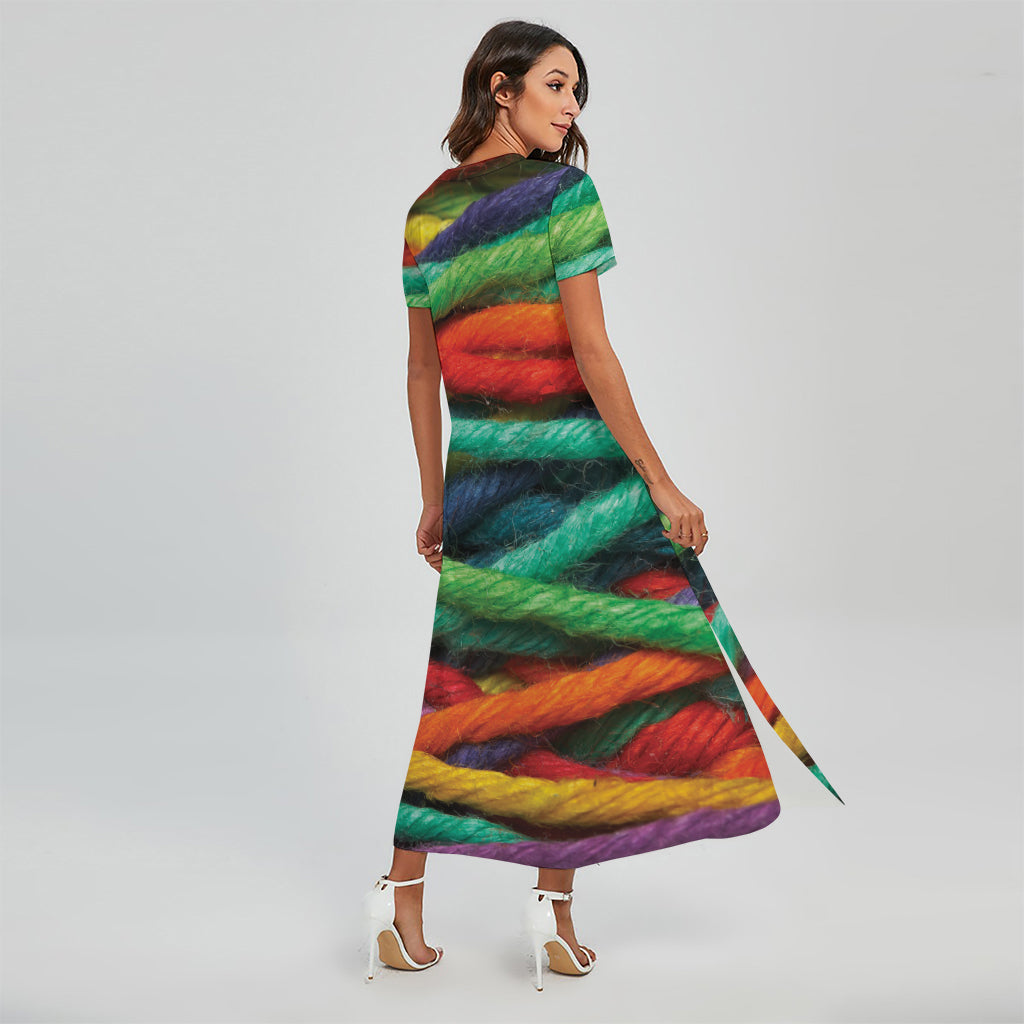 Colorful Yarn Print Short Sleeve Maxi Dress
