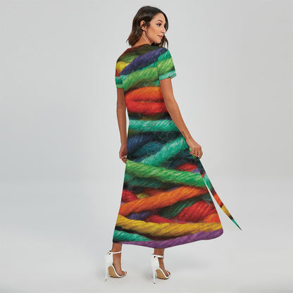 Colorful Yarn Print Short Sleeve Maxi Dress