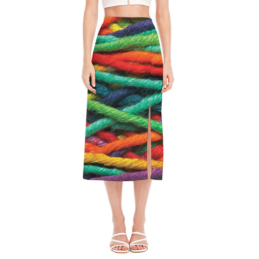 Colorful Yarn Print Side Slit Midi Skirt