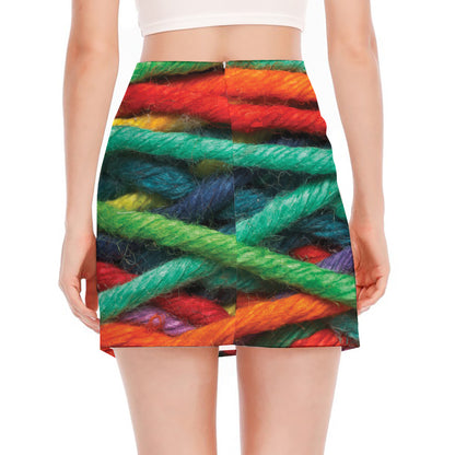 Colorful Yarn Print Side Slit Mini Skirt