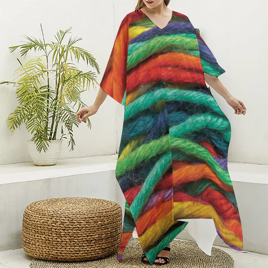 Colorful Yarn Print Silk V-Neck Kaftan Dress