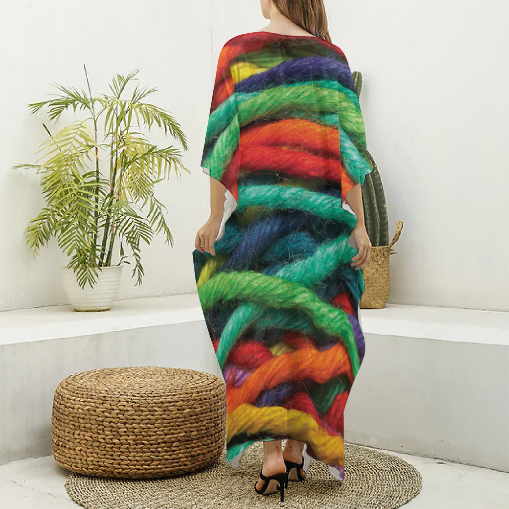 Colorful Yarn Print Silk V-Neck Kaftan Dress