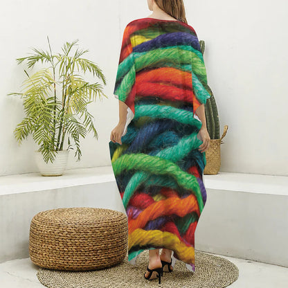 Colorful Yarn Print Silk V-Neck Kaftan Dress