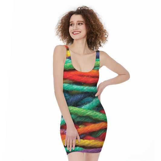 Colorful Yarn Print Sleeveless Bodycon Dress