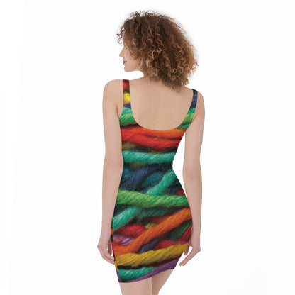 Colorful Yarn Print Sleeveless Bodycon Dress