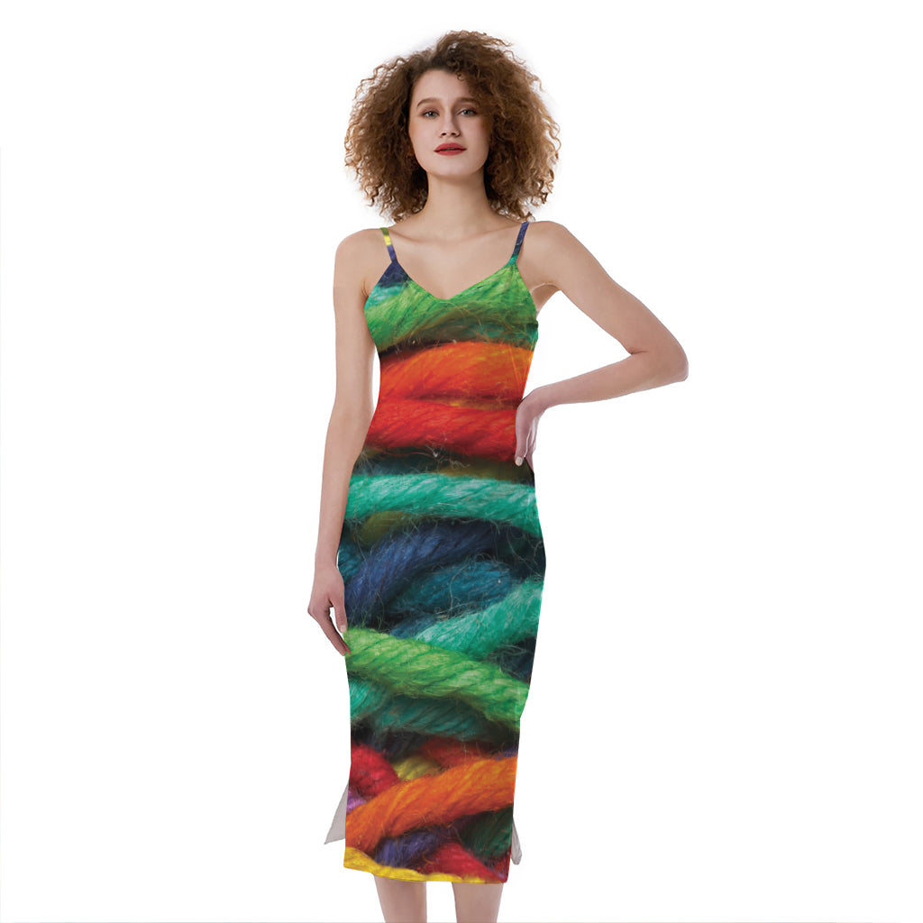Colorful Yarn Print Slim Fit Midi Cami Dress