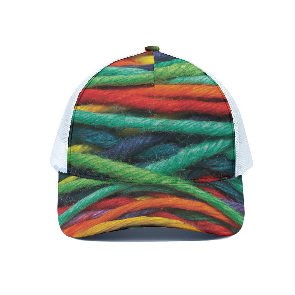 Colorful Yarn Print White Mesh Trucker Cap